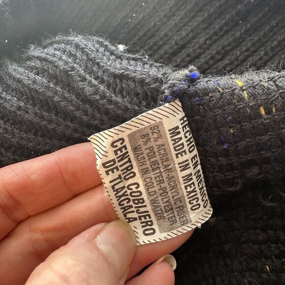 Mexican Textiles Knit Poncho Fringe Geometric Red Blue One Size Black Cowl Neck - Picture 7 of 8